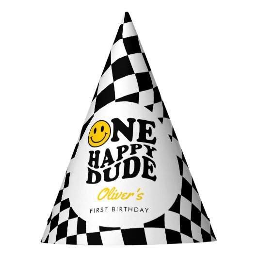 市松模様に黄名門私立校風のスマイル第1期カスタム生日 パーティーハット (正面)