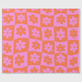 市松模様のゆがんだ波状のピンクとオレンジの花 ラッピングペーパー (フラット)