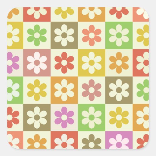 市松模様のカラフルなレトロなお花 スクエアシール (正面)