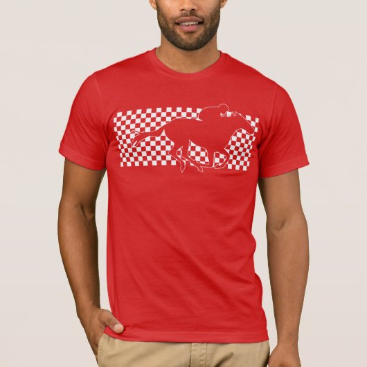 市松模様の白い競走馬 赤地に白 Tシャツ (正面)