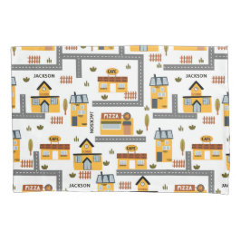 市街路地図パター子供へン黄と灰色 枕カバー