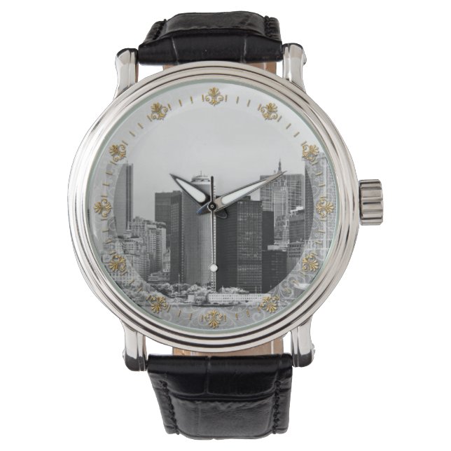 市 - NY - 金融街 - 白黒 腕時計 (正面)