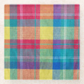 布のカラフル格子模様、布の質感。 ガラスコースター (正面)