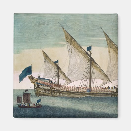 帆で三本マストのガレアスが下りている、オールだ マグネット (正面)