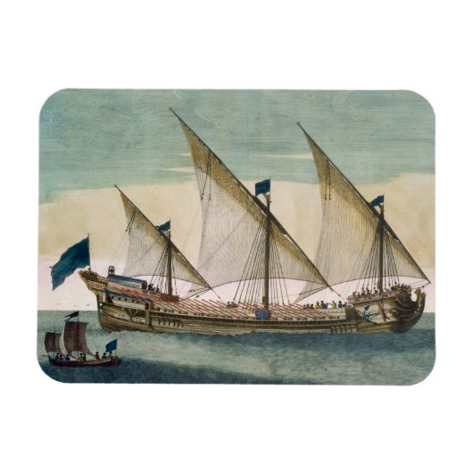 帆で三本マストのガレアスが下りている、オールだ マグネット (横)