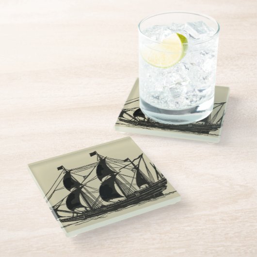 帆を張った船舶のシルエット ガラスコースター (アングル)