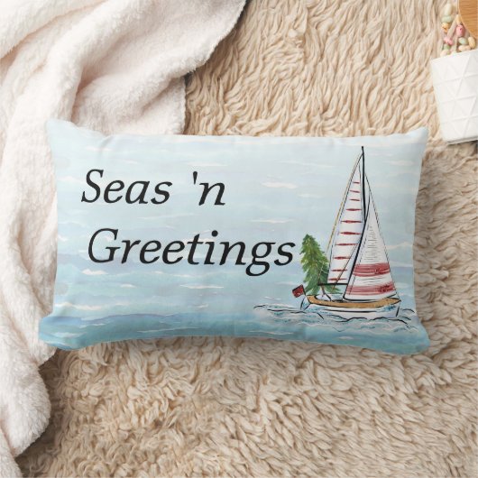 帆ボートが付いている航海のなクリスマスの枕 ランバークッション (ブランケット)