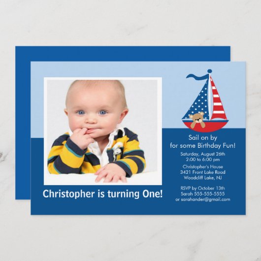 帆ボートの写真の誕生日の招待状 招待状 (正面/裏面)