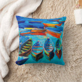  帆布に船と海を油絵で描く。夕焼け クッション (ブランケット)