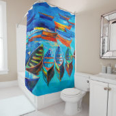  帆布に船と海を油絵で描く。夕焼け シャワーカーテン (インサイチュ)