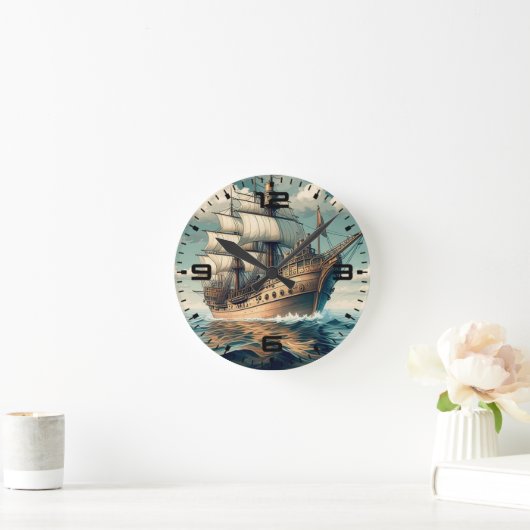 帆絵を描を下げた船のA号–56350 ラウンド壁時計 (ホーム)