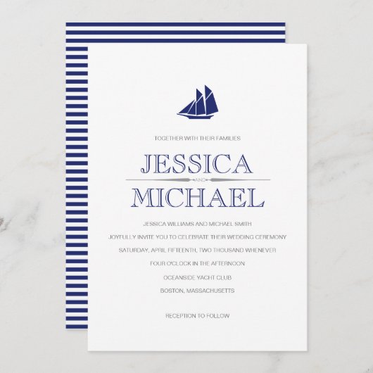 帆航海の付き結婚のネイビーブルーカスタムボート 招待状 (正面/裏面)
