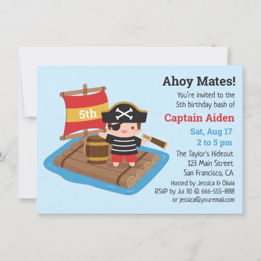 帆船いかだの誕生日パーティーでかわいい海賊の少年 招待状 (正面)