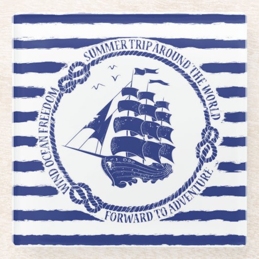 帆船が付いている航海のな紋章 ガラスコースター (正面)