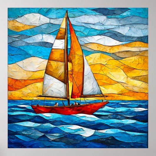 帆船が青い波を横切って滑っていた ポスター (正面)