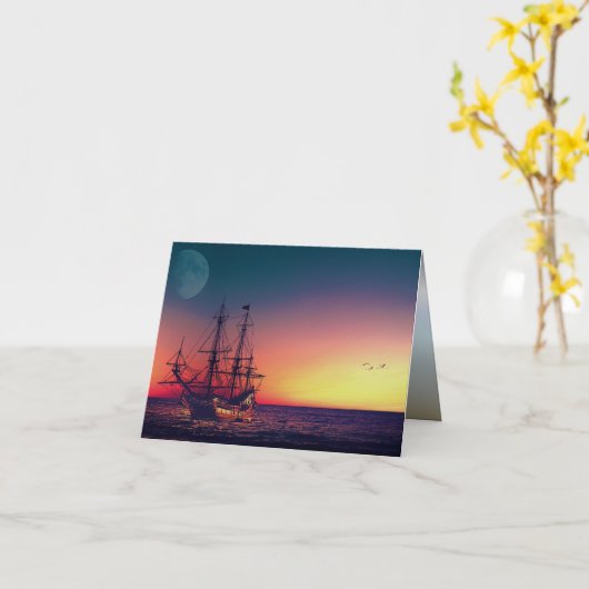 帆船で夕日に カード (黄色い花)