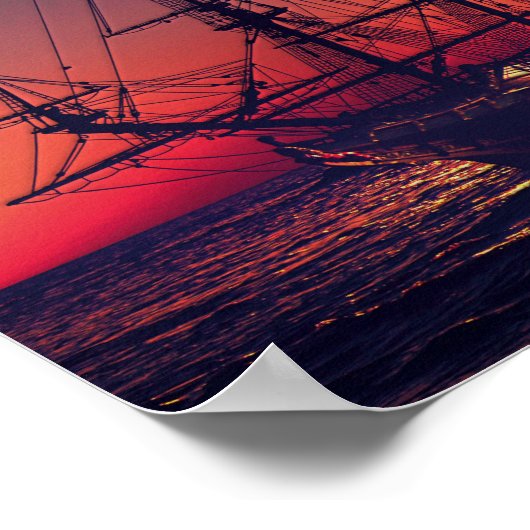 帆船で夕日に ポスター (角)