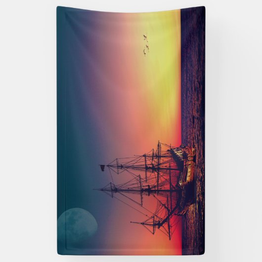 帆船で夕日に 横断幕 (縦)