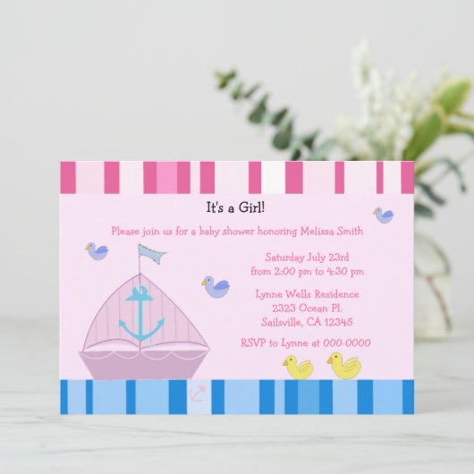 帆船といかりベビーガールシャワー招待状 招待状 (スタンド正面)