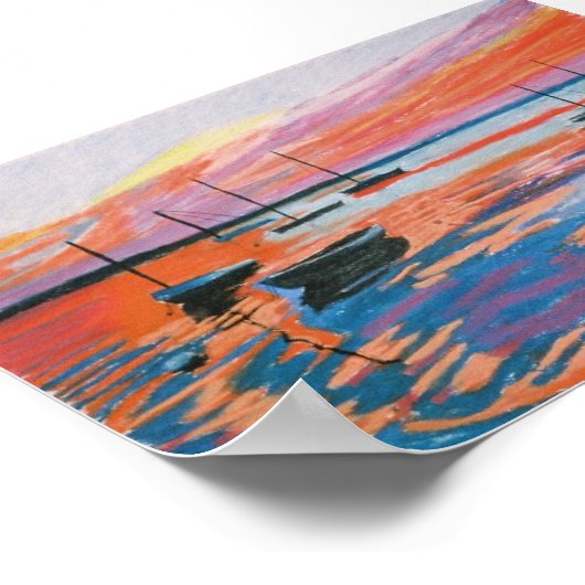 帆船と夕日 ポスター (角)