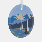 帆船と山の写真 ガラスオーナメント (正面右)