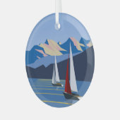 帆船と山の写真 ガラスオーナメント (正面左)