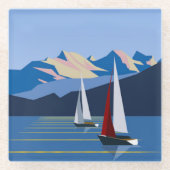 帆船と山の写真 ガラスコースター (正面)