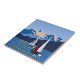 帆船と山の写真 タイル