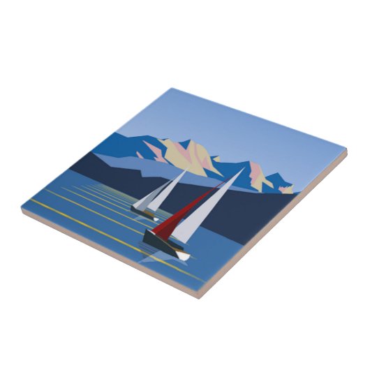 帆船と山の写真 タイル (側面)