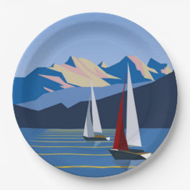 帆船と山の写真 ペーパープレート