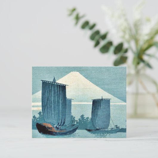 帆船と山富士上原湖念浮世絵 ポストカード (スタンド正面)