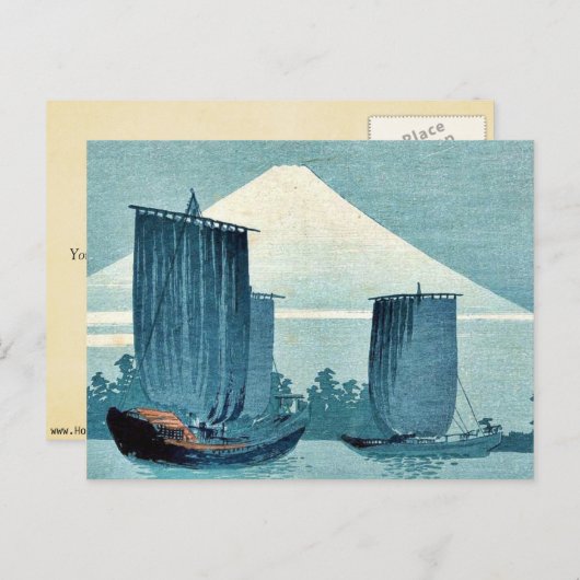 帆船と山富士上原湖念浮世絵 ポストカード (正面/裏面)