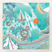 帆船と海の生物抽象芸術ビーチアート ガラスコースター (正面)