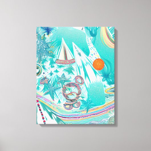 帆船と海の生物抽象芸術ビーチアート キャンバスプリント (正面)