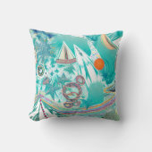 帆船と海の生物抽象芸術ビーチアート クッション (正面)