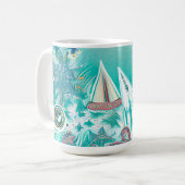 帆船と海の生物抽象芸術ビーチアート コーヒーマグカップ (正面左)