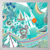 帆船と海の生物抽象芸術ビーチアート ポスター (正面)