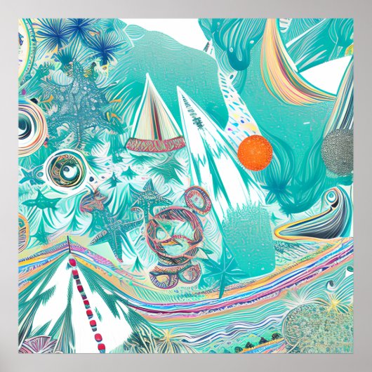 帆船と海の生物抽象芸術ビーチアート ポスター (正面)