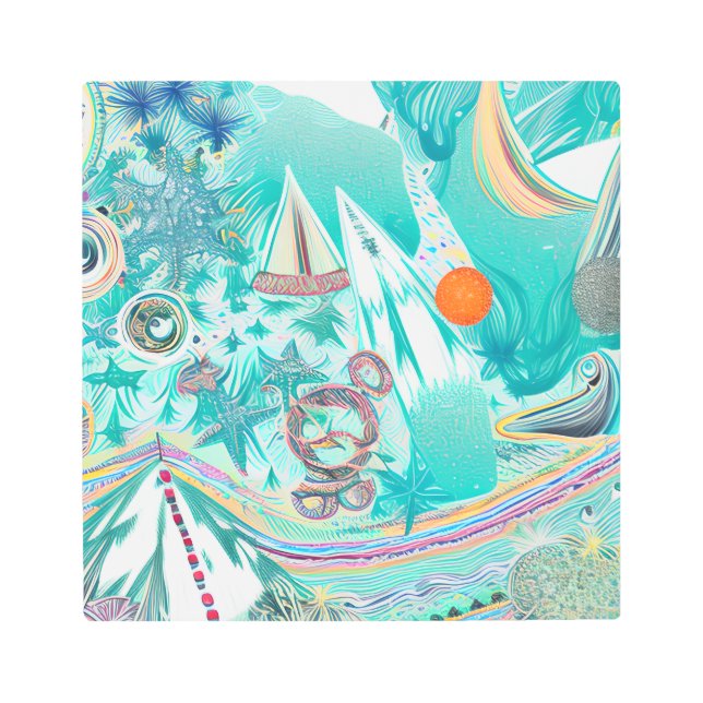 帆船と海の生物抽象芸術ビーチアート メタルプリント (正面)