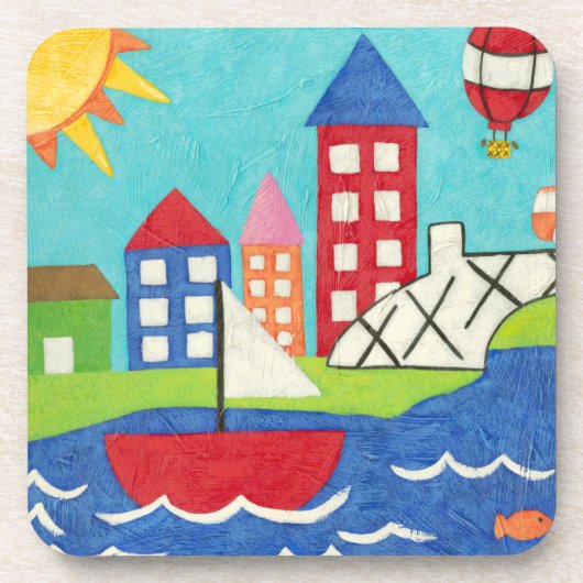 帆船と熱気球と街並み コースター (正面)