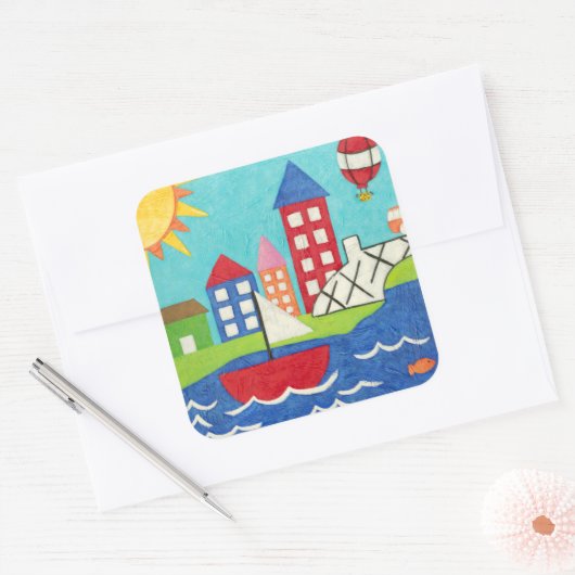 帆船と熱気球と街並み スクエアシール (封筒)