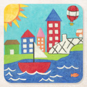 帆船と熱気球と街並み スクエアペーパーコースター (正面)