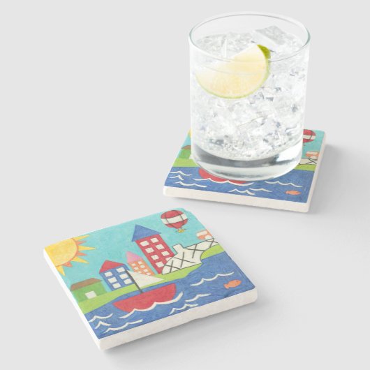 帆船と熱気球と街並み ストーンコースター (横)