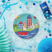 帆船と熱気球と街並み ペーパープレート (パーティー)