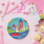 帆船と熱気球と街並み ペーパープレート (パーティー)