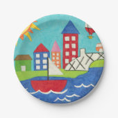 帆船と熱気球と街並み ペーパープレート (正面)