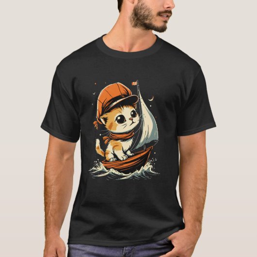 帆船に乗るセーラーキャット Tシャツ (正面)