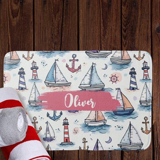 帆船のドリーミースケッチいかり&ライトハウス バスマット