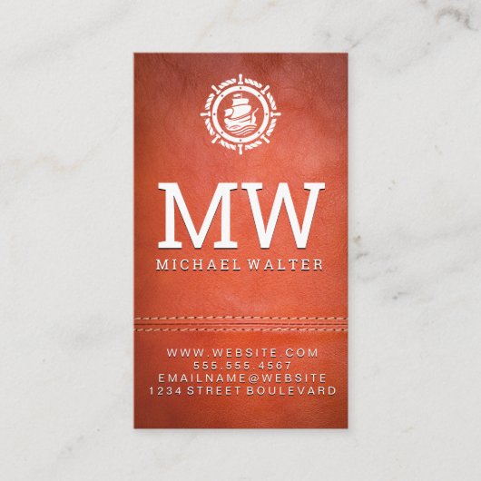 帆船のロゴ | レザー | ダブルステッチ 名刺 (正面)