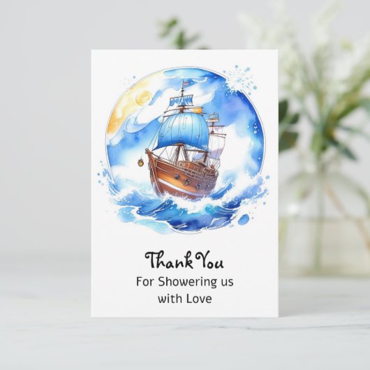 帆船の夢：航海の男の赤ちゃんシャワー サンキューカード (スタンド正面)